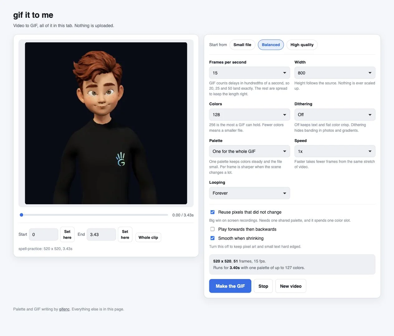 GIF it Away video editor and export controls
