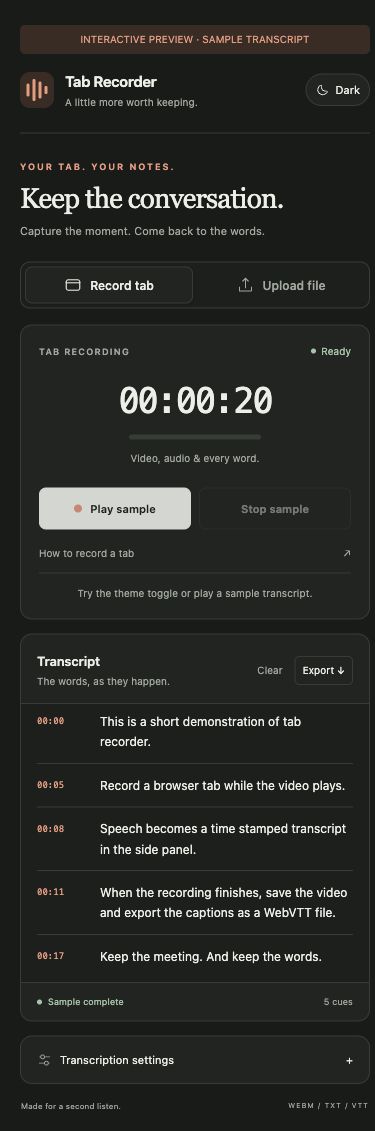 Tab Recorder interface in dark mode with a sample transcript
