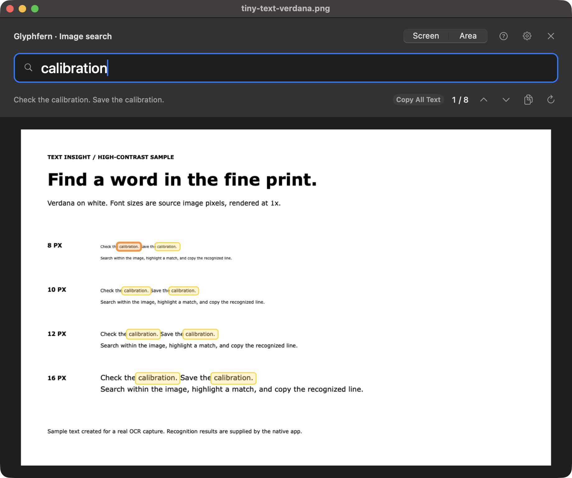 Native Glyphfern image search highlighting eight occurrences of calibration, including both in the 8-pixel row.